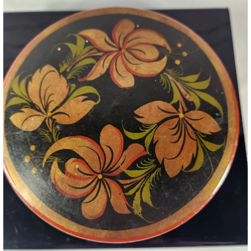 Russian Handcrafted Laquer Wood Floral Painted Trinket Box Vintage